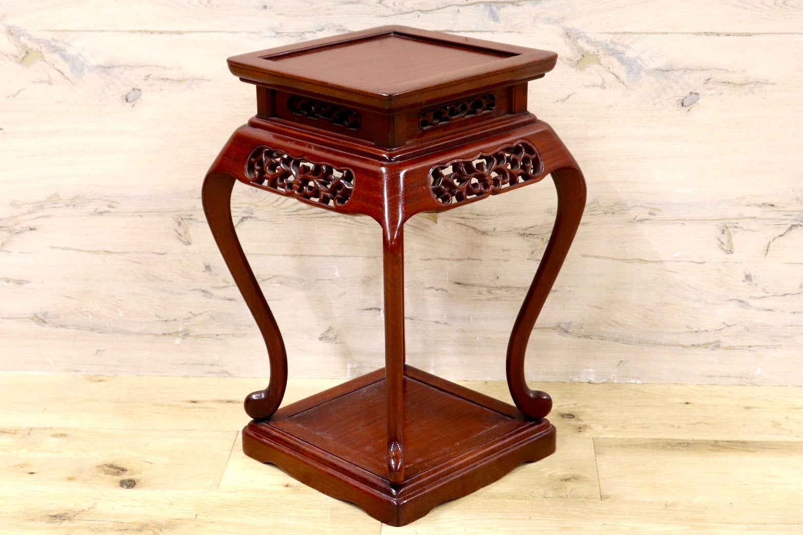 GMHS473○karimoku / カリモク 透かし彫り 木製 天然木 花台 飾り台 香炉台 猫脚飾台 香炉台 盆栽台 レトロ オールドカリモク