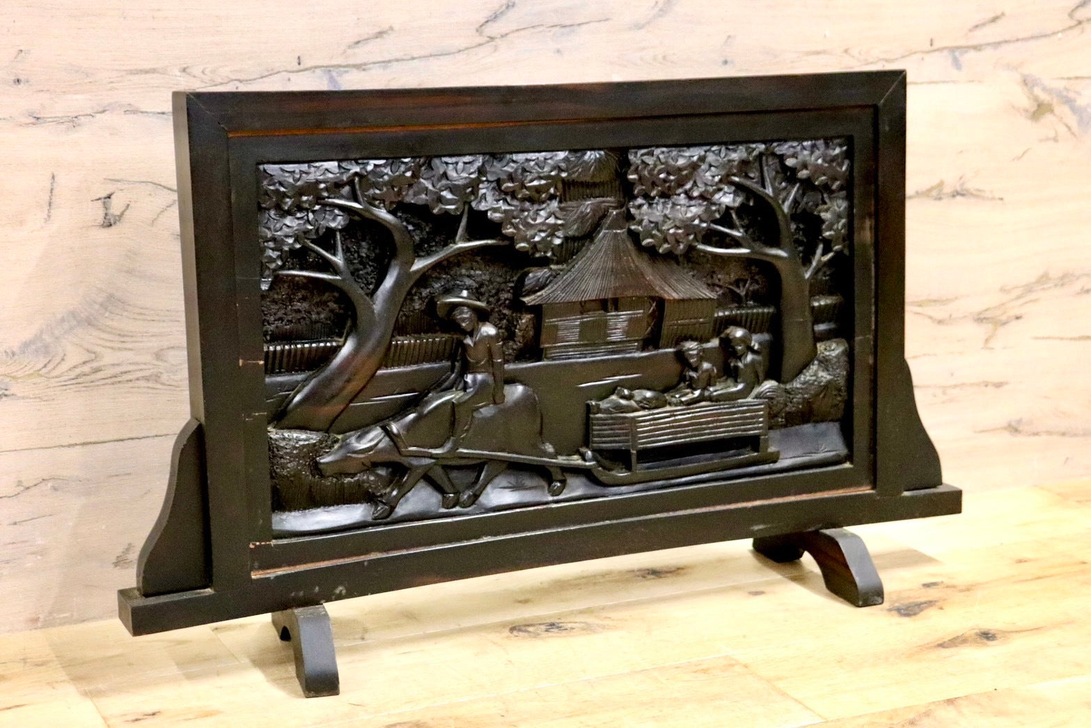 GMHK583○唐木 衝立 ロータイプ パーテーション 和家具 和モダン 彫刻 座敷 和室 茶室 玄関 屏風間仕切り アンティーク オブジェ