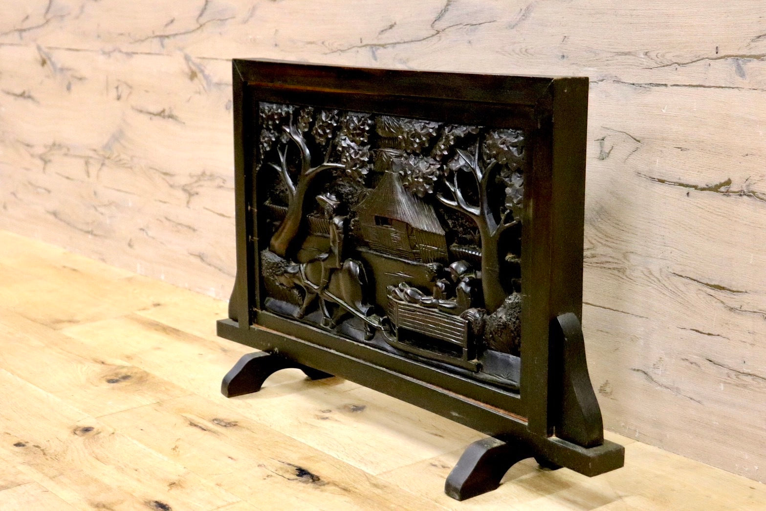 GMHK583○唐木 衝立 ロータイプ パーテーション 和家具 和モダン 彫刻 座敷 和室 茶室 玄関 屏風間仕切り アンティーク オブジェ