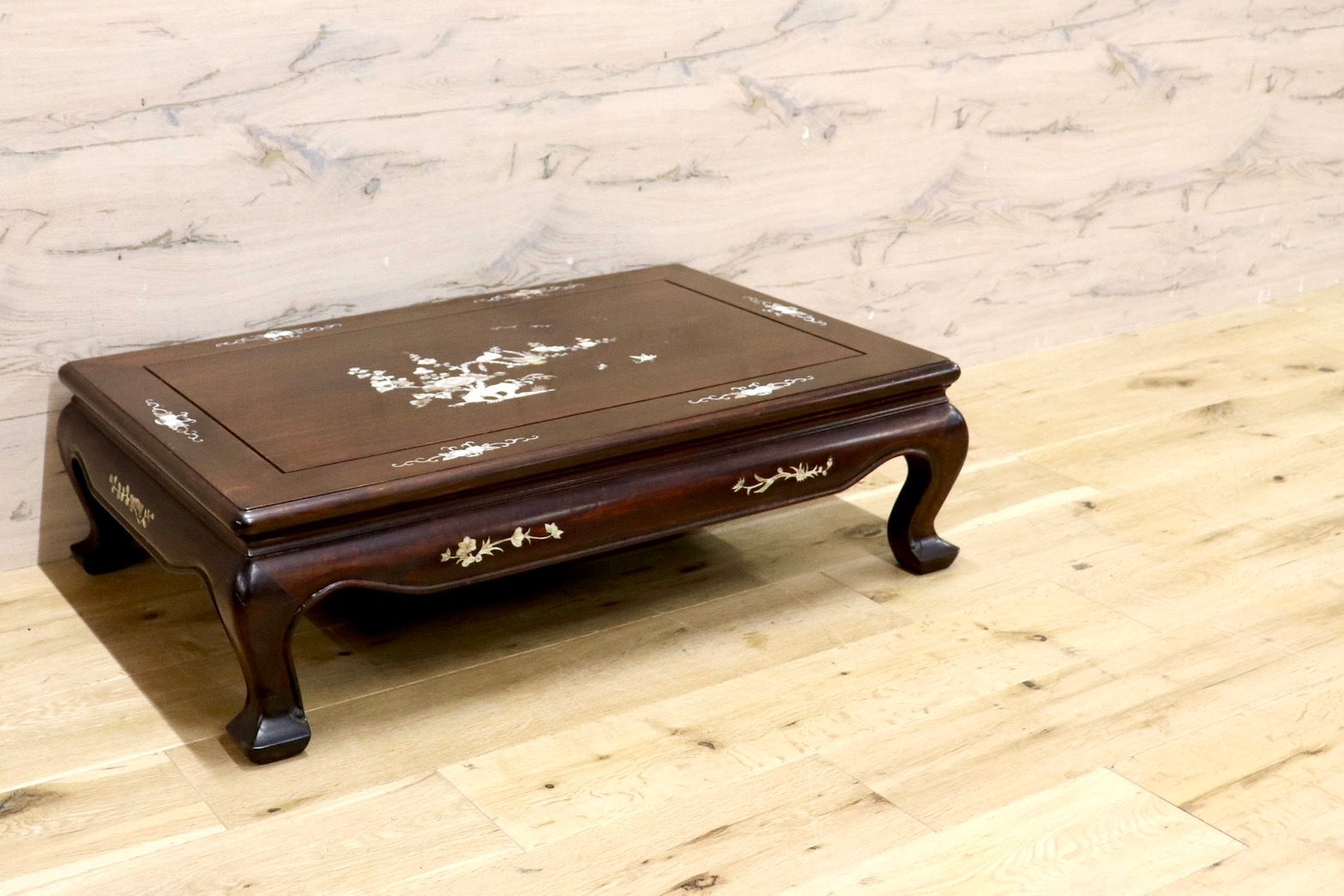 GMHH305○座卓 中国美術 花鳥図 花梨 飾り台 香炉台 花台 盆栽台 ローテーブル 木製 唐木 螺鈿細工 レトロ 和モダン アンティーク