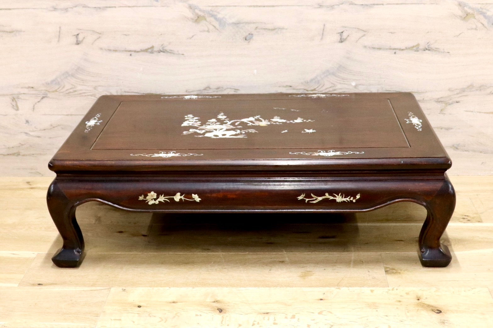 GMHH305○座卓 中国美術 花鳥図 花梨 飾り台 香炉台 花台 盆栽台 ローテーブル 木製 唐木 螺鈿細工 レトロ 和モダン アンティーク