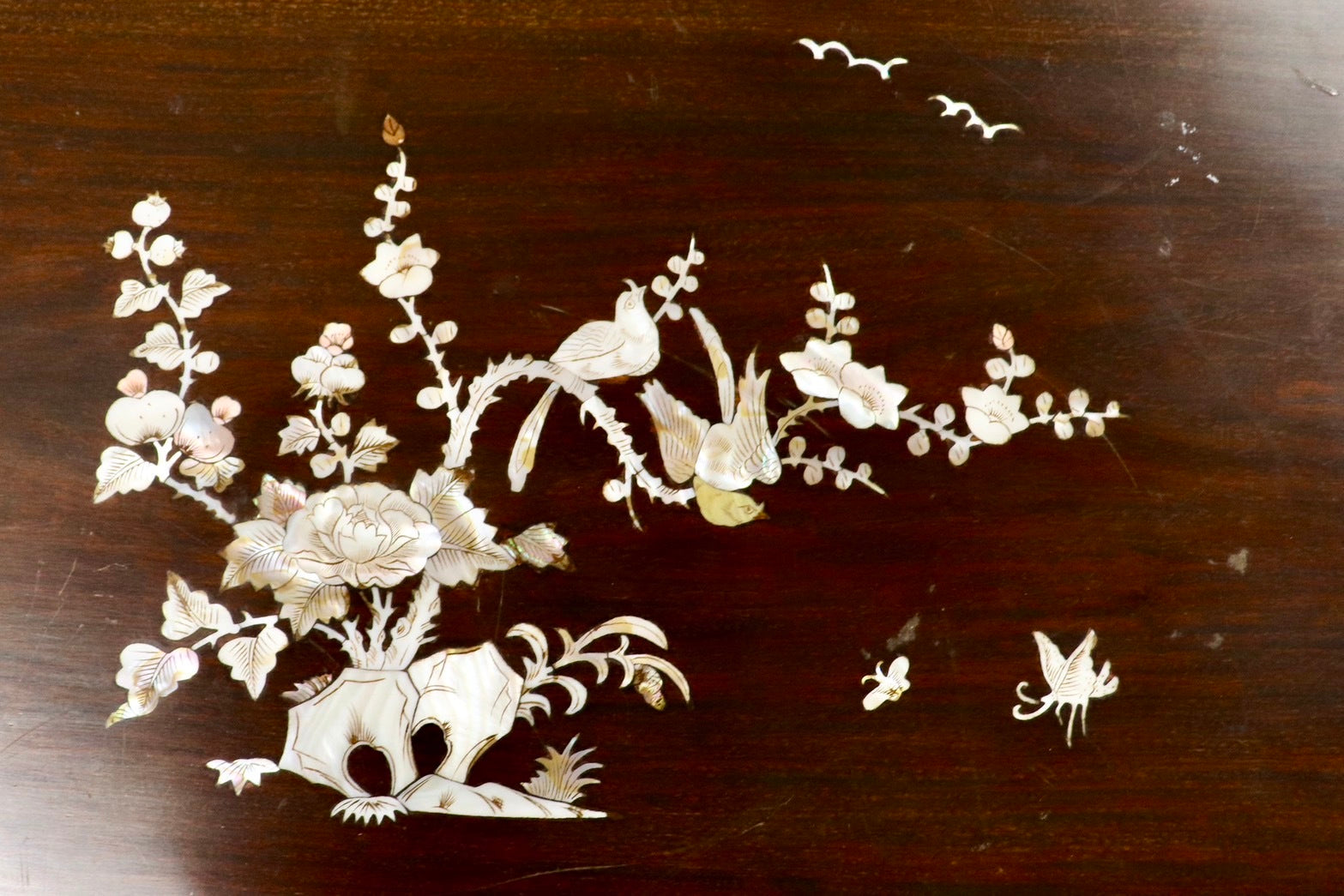 GMHH305○座卓 中国美術 花鳥図 花梨 飾り台 香炉台 花台 盆栽台 ローテーブル 木製 唐木 螺鈿細工 レトロ 和モダン アンティーク