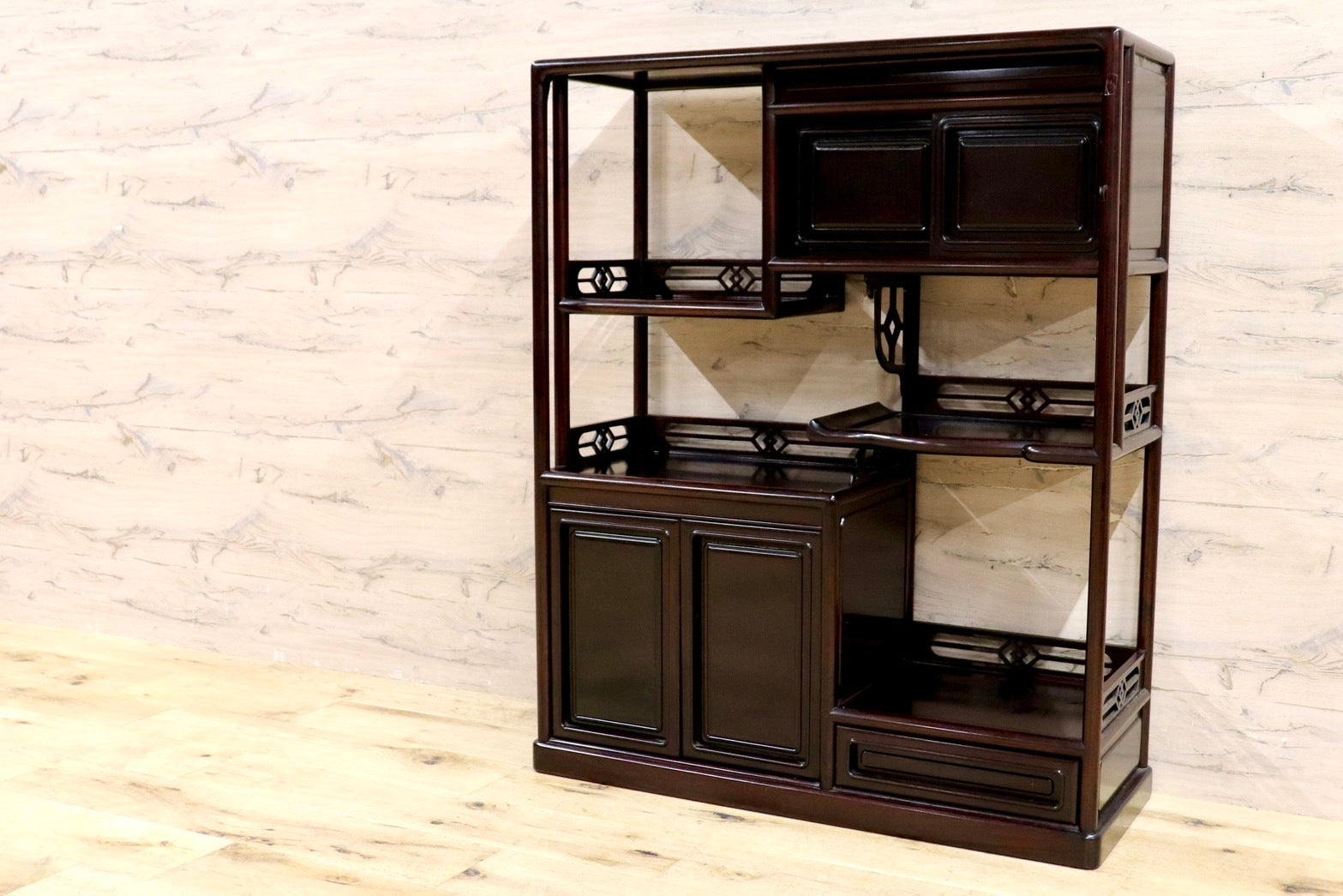 GMHK655○唐木家具 飾り棚 透かし彫り 和製 アンティーク 茶棚 飾り棚 サイドボード キャビネット 茶道具 茶道 棚 置き台 華道