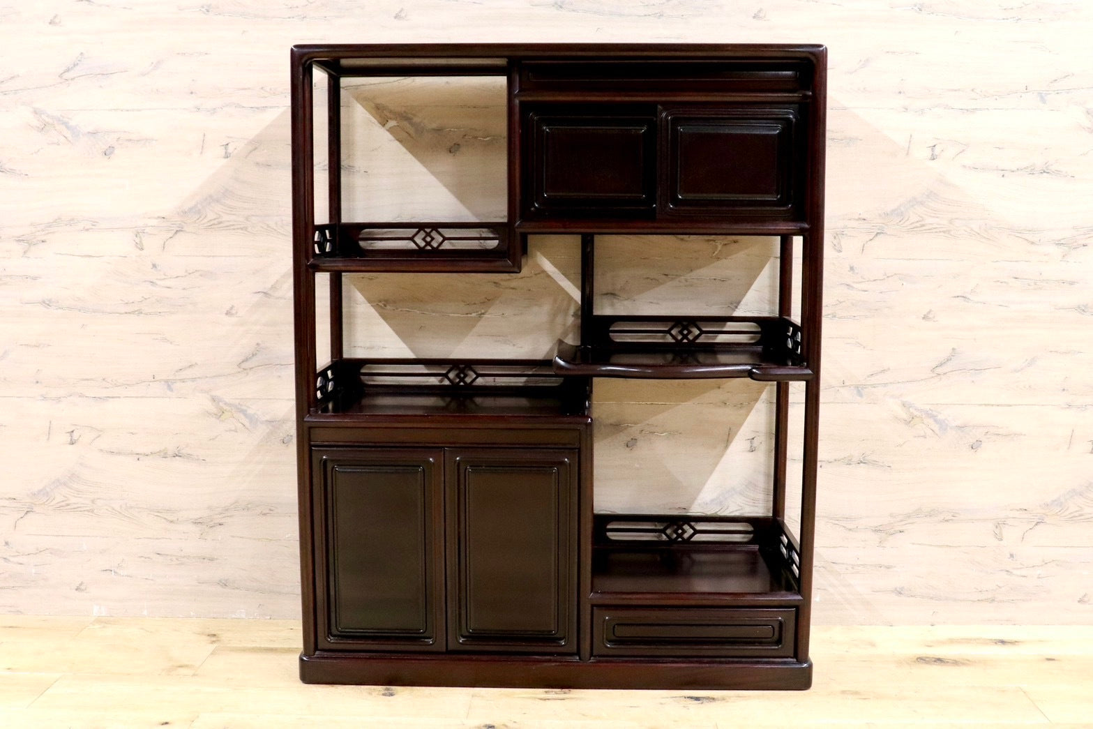 GMHK655○唐木家具 飾り棚 透かし彫り 和製 アンティーク 茶棚 飾り棚 サイドボード キャビネット 茶道具 茶道 棚 置き台 華道