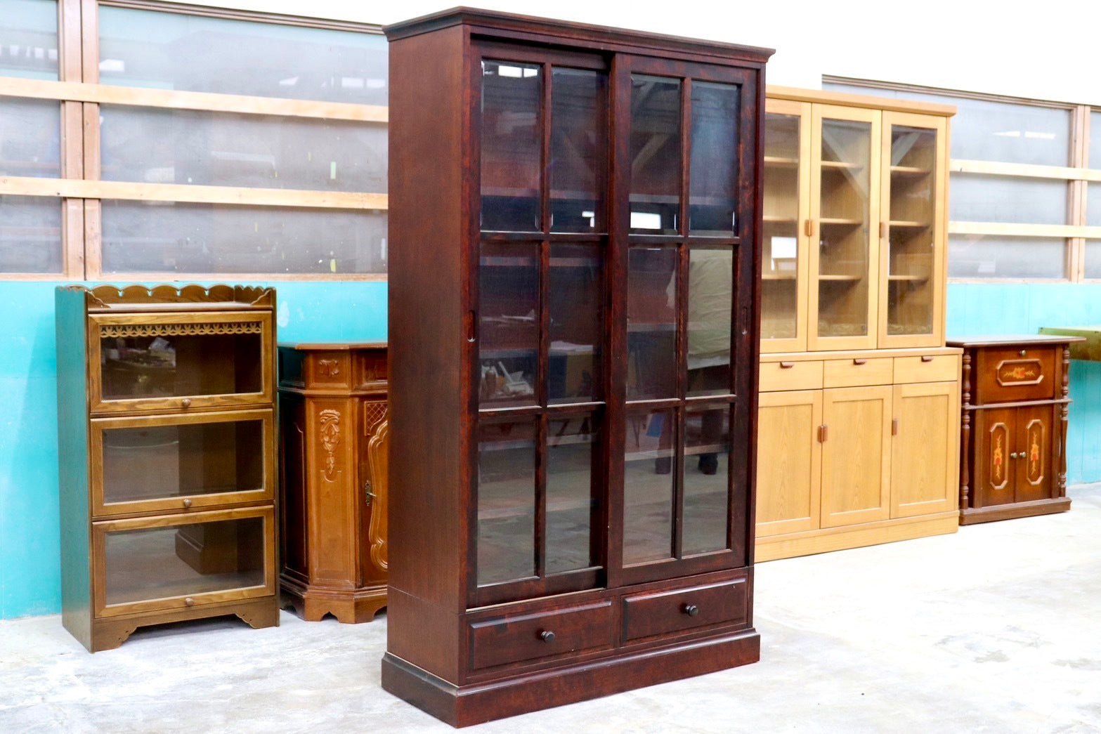 GMHH284○民芸家具 キャビネット 本棚 書棚 キャビネット 飾り棚 ブックシェルフ 樺材 和家具 和モダン 古民家 検)和光 北海道民芸家具