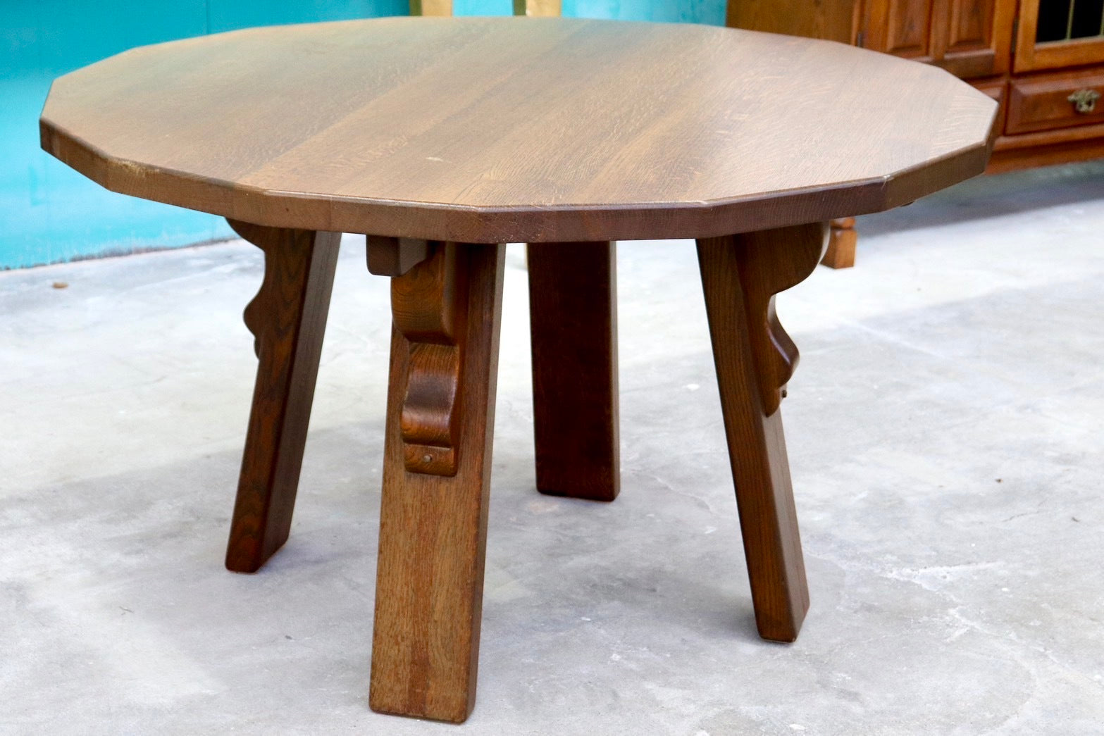 GMHS565○オランダ製 ダッチカントリー ダイニングテーブル 食卓テーブル 16角形 作業机 無垢 オーク材 民芸家具 堅牢 輸入家具