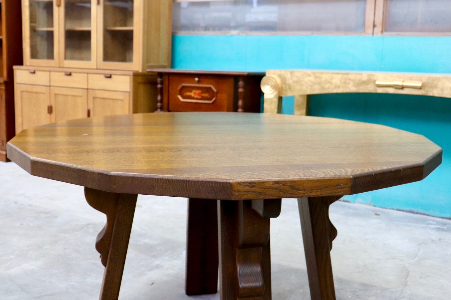 GMHS565○オランダ製 ダッチカントリー ダイニングテーブル 食卓テーブル 16角形 作業机 無垢 オーク材 民芸家具 堅牢 輸入家具