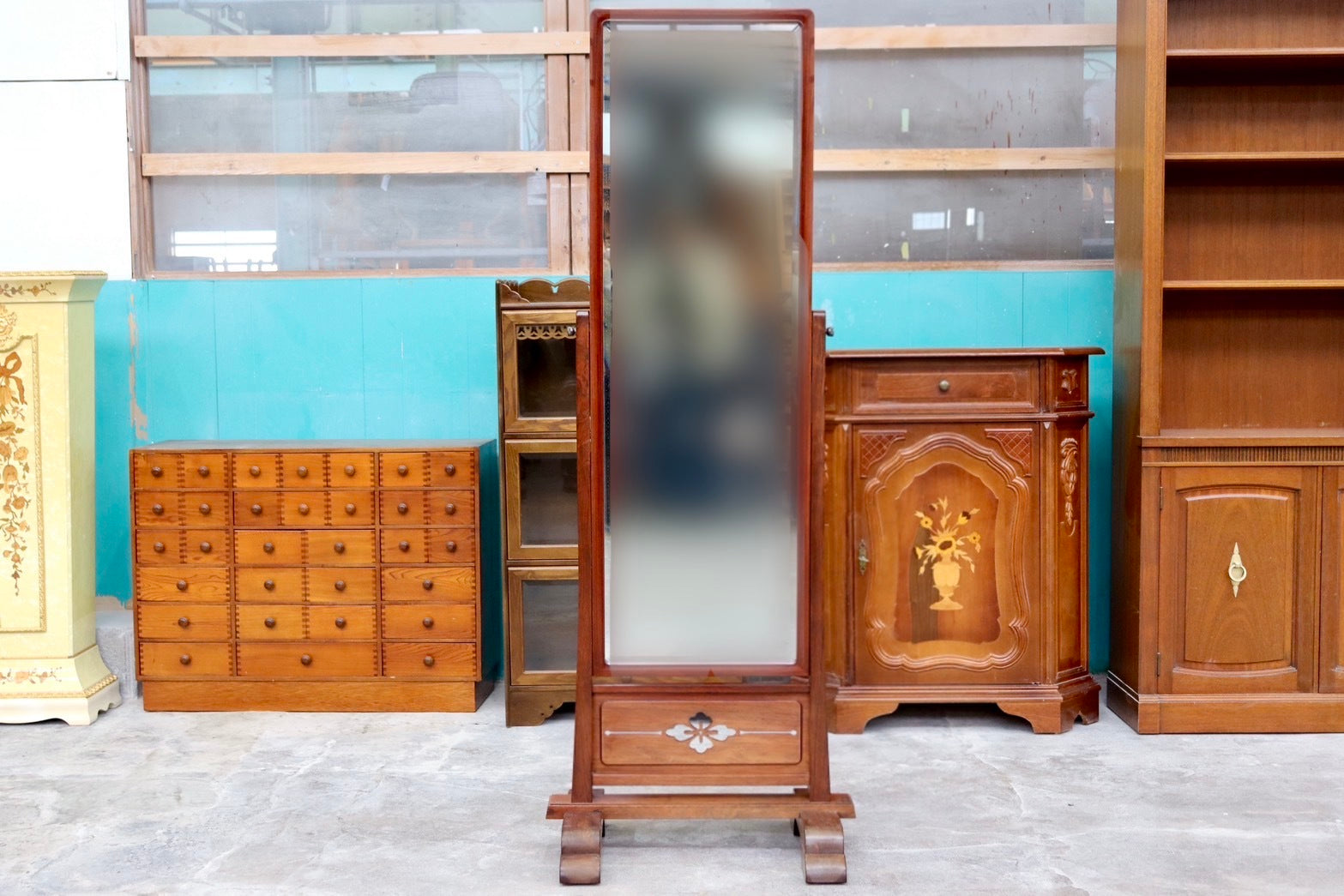 GMHK875○唐木家具 花梨 中国美術 姿見 全身鏡 ウォールミラー 和モダン 和家具 和室 座敷 伝統工芸 古民家 アンティーク レトロ