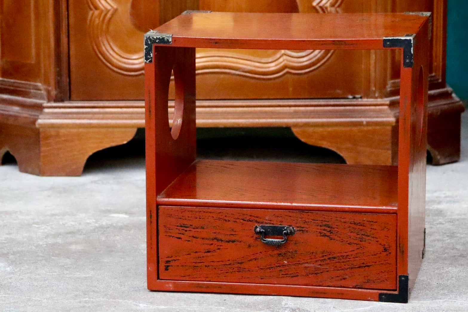 GMIS63○小引き出し 小物入れ 飾り棚 根来塗 昭和レトロ アンティーク 収納 和家具 和室 本棚 電話台 島安汎工芸製作所 検)