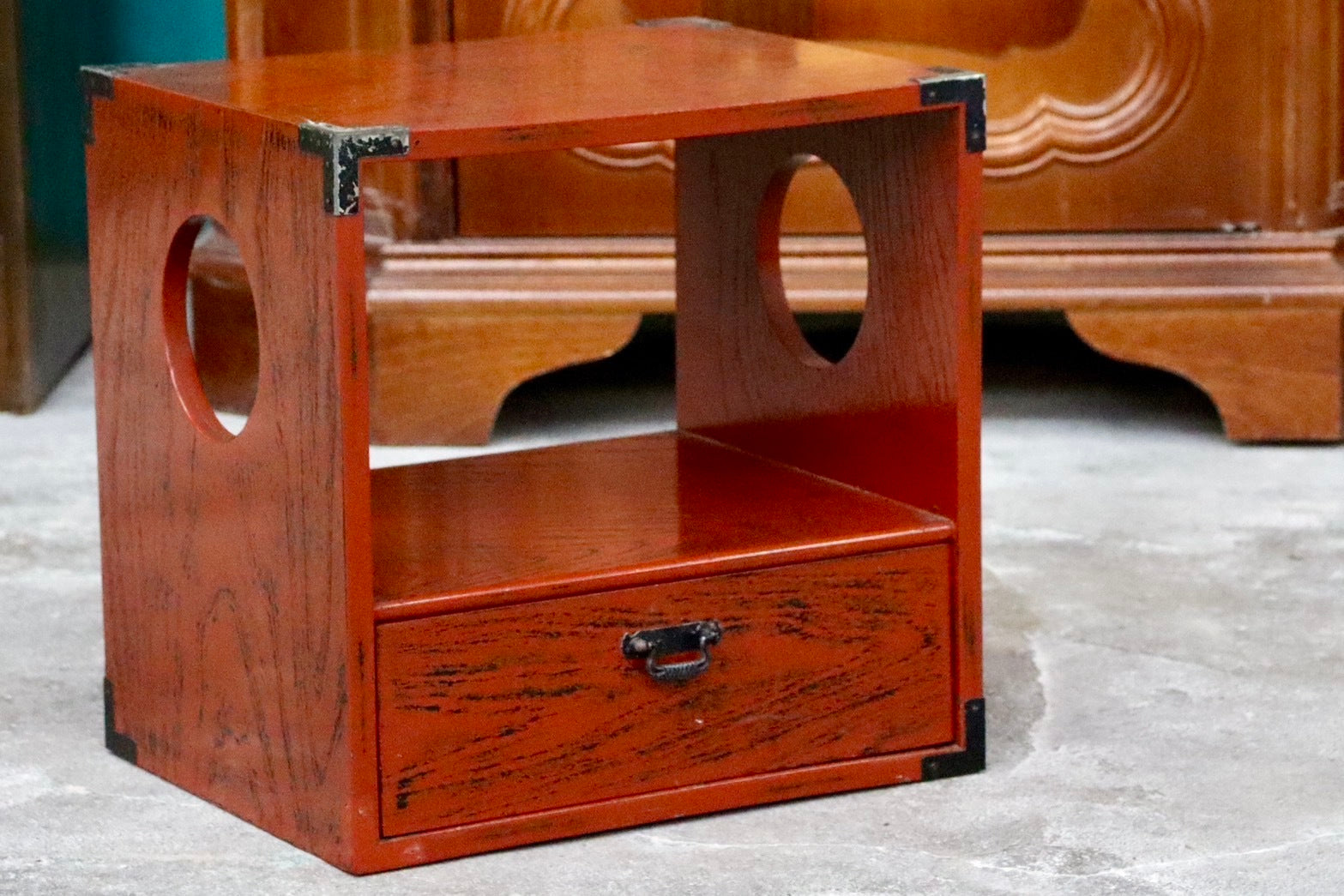 GMIS63○小引き出し 小物入れ 飾り棚 根来塗 昭和レトロ アンティーク 収納 和家具 和室 本棚 電話台 島安汎工芸製作所 検)