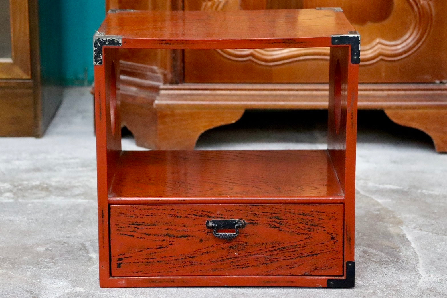 GMIS63○小引き出し 小物入れ 飾り棚 根来塗 昭和レトロ アンティーク 収納 和家具 和室 本棚 電話台 島安汎工芸製作所 検)