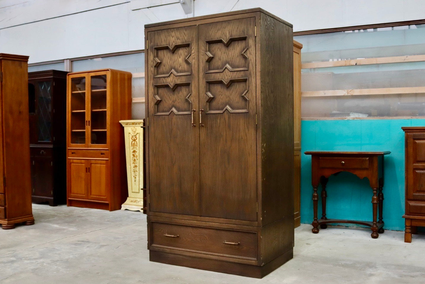 GMIH126A○永田良介商店 神戸家具 ワードローブ 洋服タンス クローゼット 箪笥 引き出し 鏡 楢材 洋家具 稀少