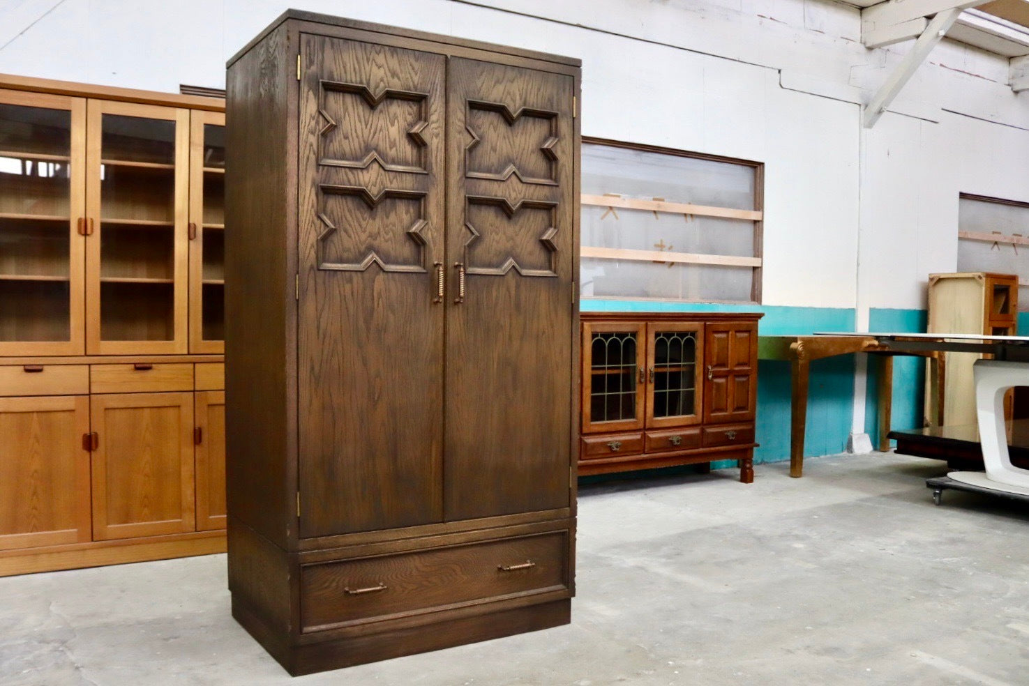 GMIH126A○永田良介商店 神戸家具 ワードローブ 洋服タンス クローゼット 箪笥 引き出し 鏡 楢材 洋家具 稀少