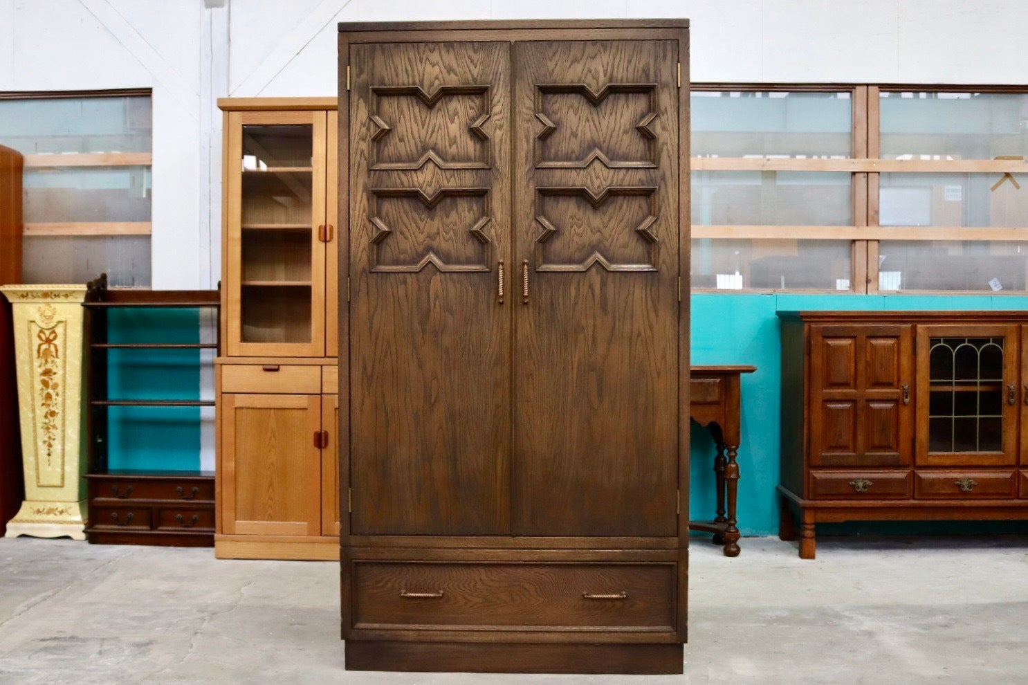 GMIH126A○永田良介商店 神戸家具 ワードローブ 洋服タンス クローゼット 箪笥 引き出し 鏡 楢材 洋家具 稀少