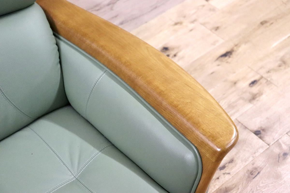 GMGF66B○浜本工芸 / HAMAMOTO 1人掛けソファ シングルソファ 椅子 本革 グリーン 楢材 定価14万 展示品