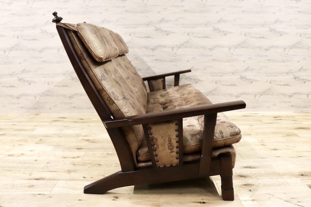 GMGS43○MORISHIGE / モリシゲ 3人掛けソファ トリプルソファ ハイバック 本革 IDC大塚家具 鋲打ち クラシック 大正モダン ヴィンテージ