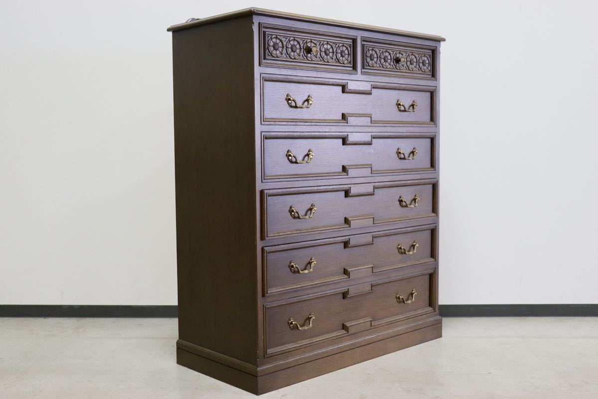GMGK64○神戸家具 洋家具 6段チェスト 整理タンス 収納家具 彫刻 オーク材 クラシカル 和製ヴィンテージ アンティーク 美品 検)永田良介