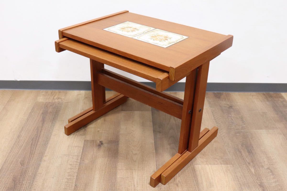 GMGH118○北欧ヴィンテージ ネストテーブル サイドテーブル チーク材 花台 タイルトップ クラシック 北欧家具 デンマーク