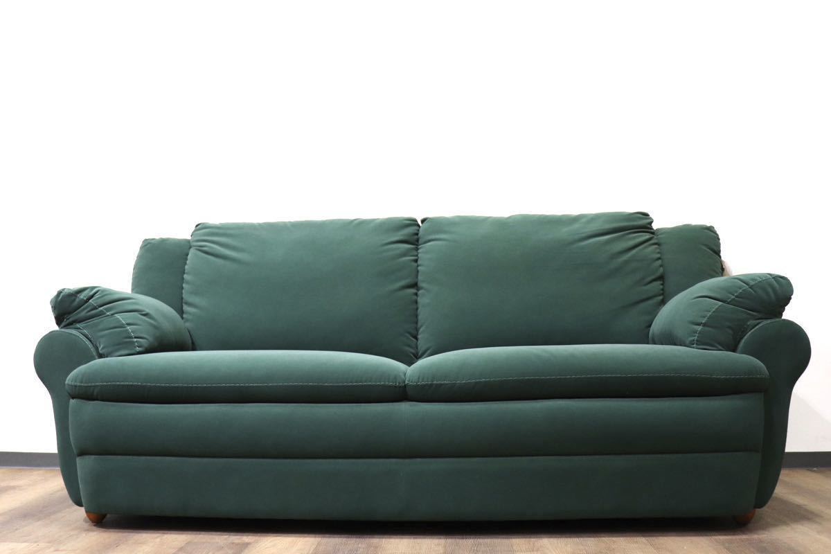 GMGN299○スペイン製 2.5人掛けソファ ラブソファ 長椅子 ファブリック マイクロファイバー地 グリーン 高級家具 モダン 展示品