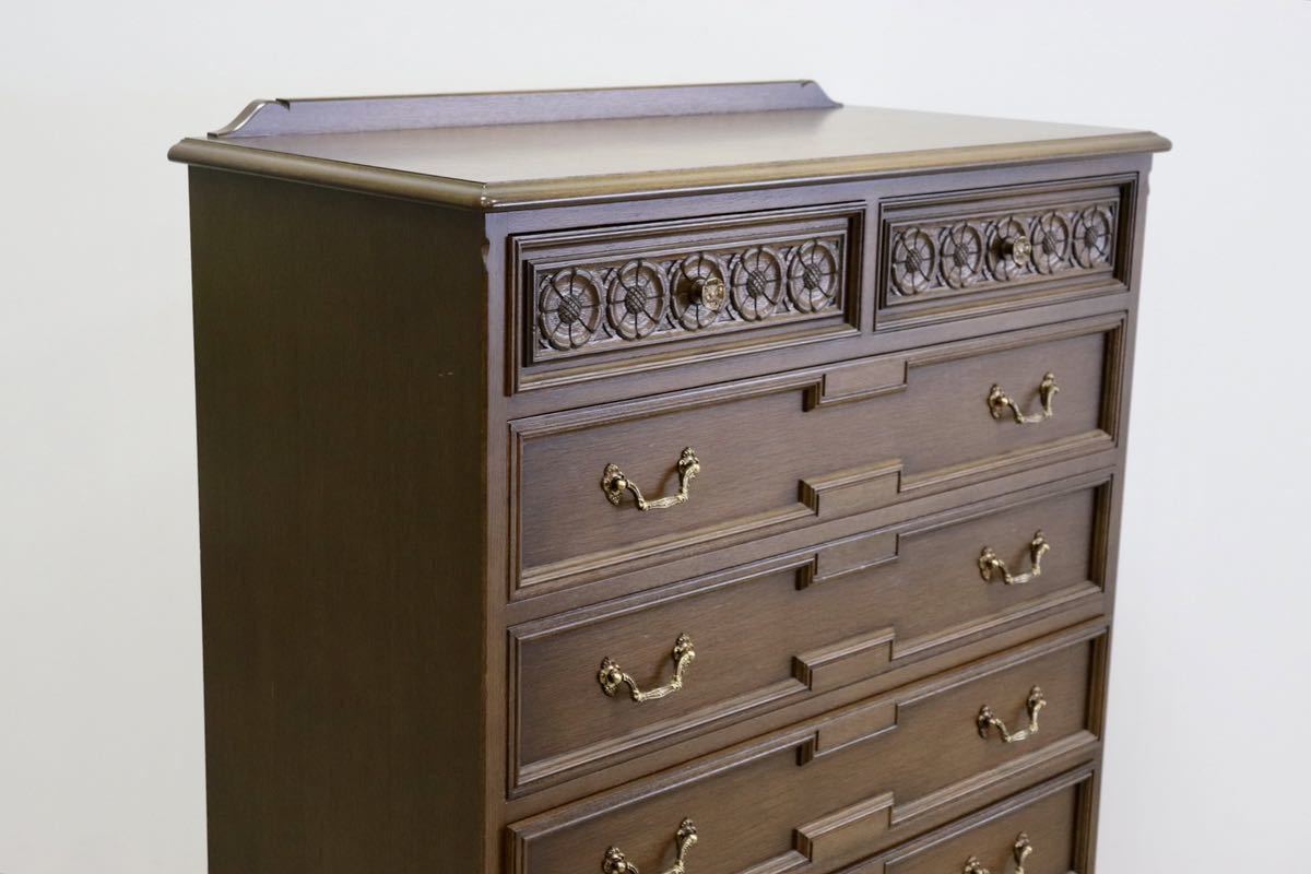 GMGK64○神戸家具 洋家具 6段チェスト 整理タンス 収納家具 彫刻 オーク材 クラシカル 和製ヴィンテージ アンティーク 美品 検)永田良介