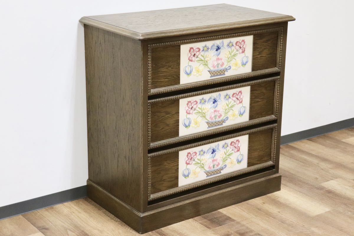 GMGK183A○神戸家具 洋家具 伊藤家具 3段チェスト 整理タンス 彫刻 オーク材 クラシカル 花柄 和製ヴィンテージ アンティーク 検)永田良介
