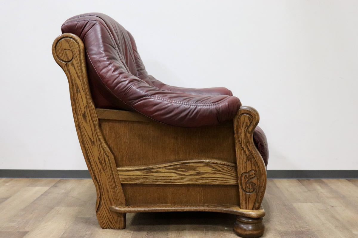 GMGT69A○オランダ製 ダッチカントリー 1人掛けソファ シングルソファ アームソファ 本革 ワインレッド オーク材 オランダ民芸