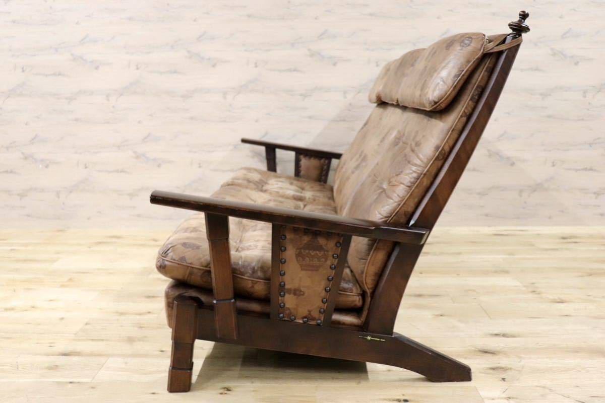 GMGS43○MORISHIGE / モリシゲ 3人掛けソファ トリプルソファ ハイバック 本革 IDC大塚家具 鋲打ち クラシック 大正モダン ヴィンテージ