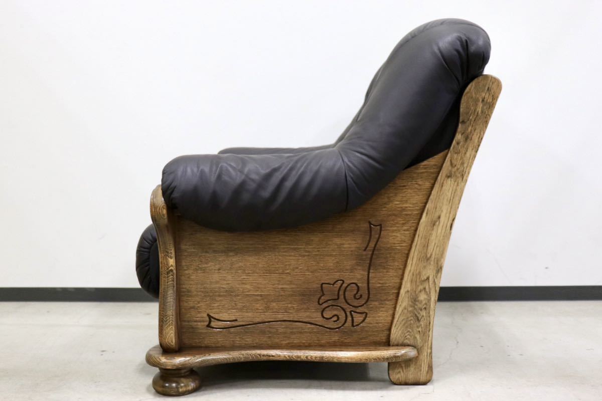 GMGS49B○オランダ製 ダッチカントリー 1人掛けソファ シングルソファ アームソファ 本革 グレー オーク材 オランダ民芸