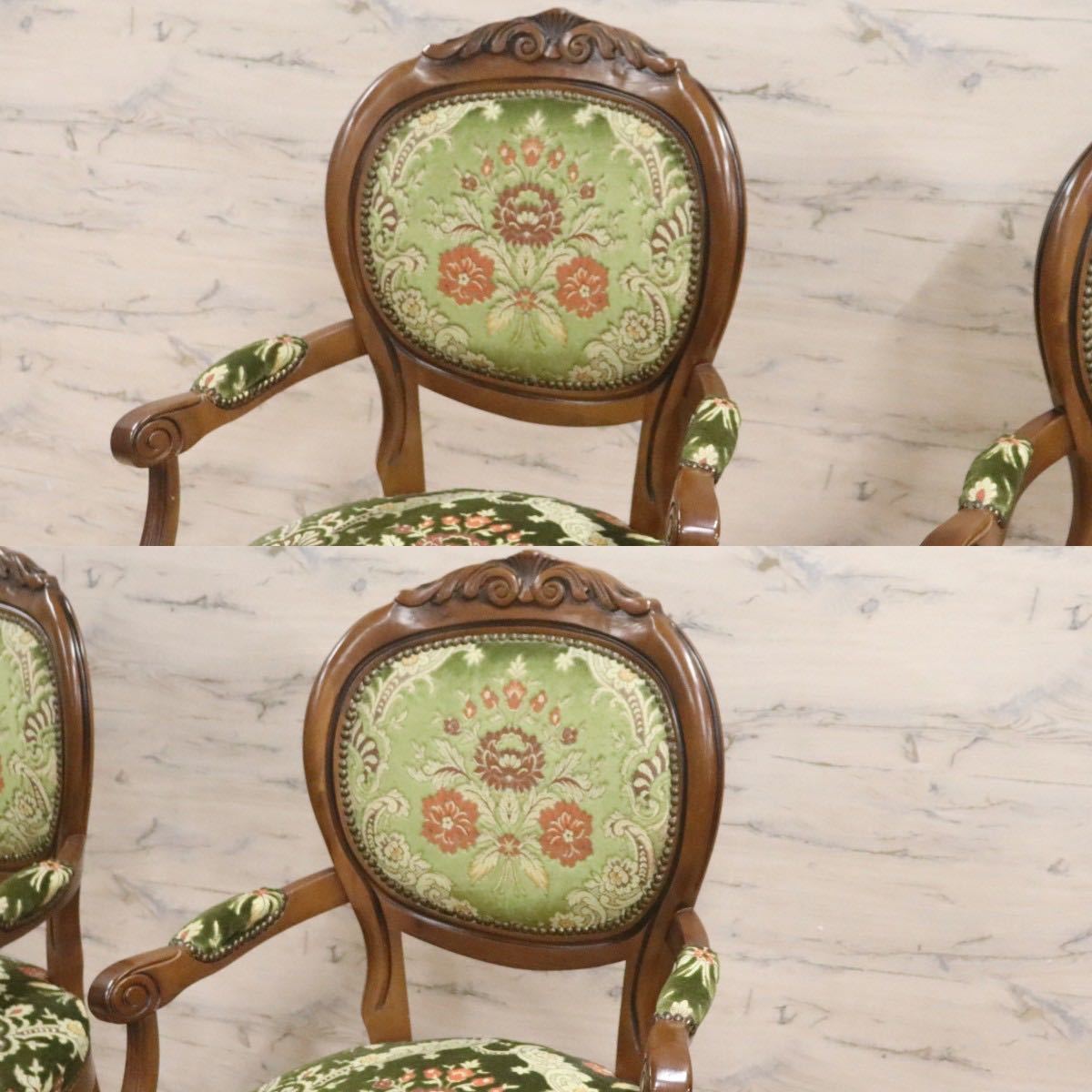 GMGH229○イタリア製 金華山織 ダイニングチェア アームチェア 椅子 クラシック エレガント 彫刻 猫脚 ファブリック グリーン 2脚セッ