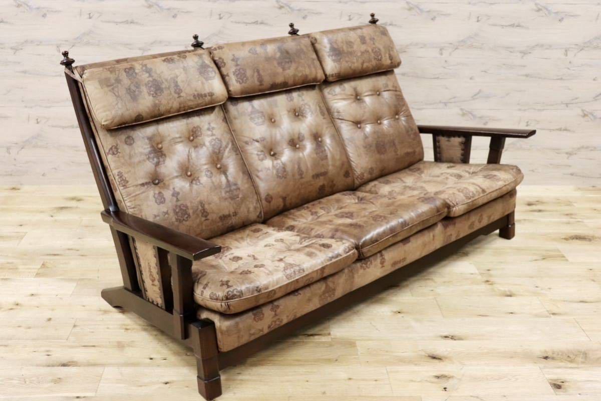 GMGS43○MORISHIGE / モリシゲ 3人掛けソファ トリプルソファ ハイバック 本革 IDC大塚家具 鋲打ち クラシック 大正モダン ヴィンテージ