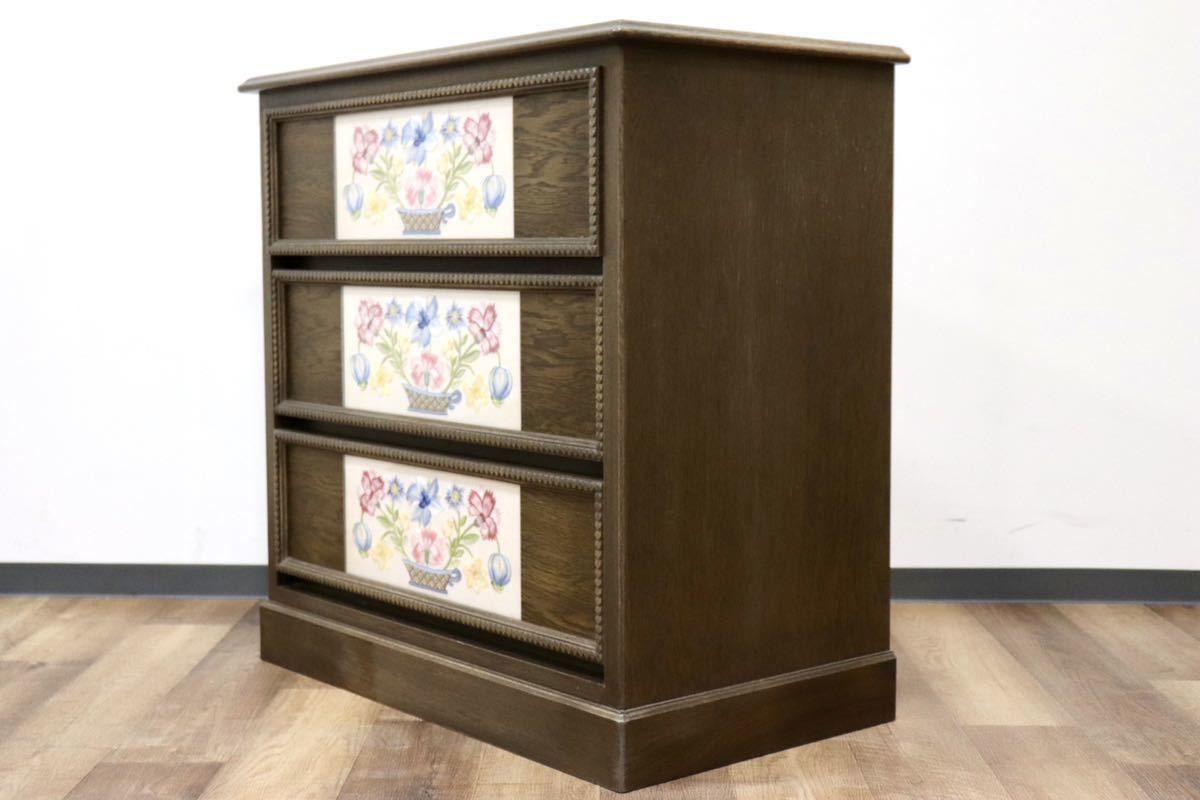 GMGK183A○神戸家具 洋家具 伊藤家具 3段チェスト 整理タンス 彫刻 オーク材 クラシカル 花柄 和製ヴィンテージ アンティーク 検)永田良介