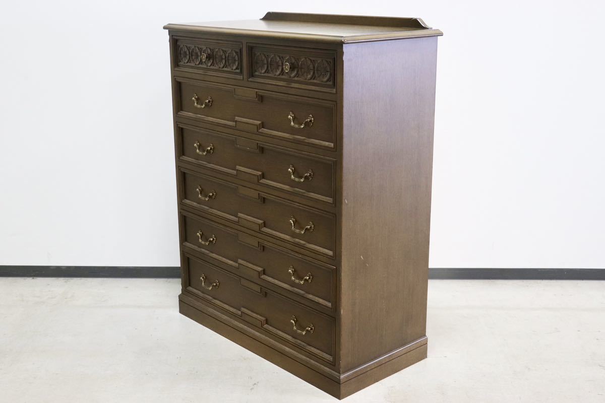 GMGK64○神戸家具 洋家具 6段チェスト 整理タンス 収納家具 彫刻 オーク材 クラシカル 和製ヴィンテージ アンティーク 美品 検)永田良介