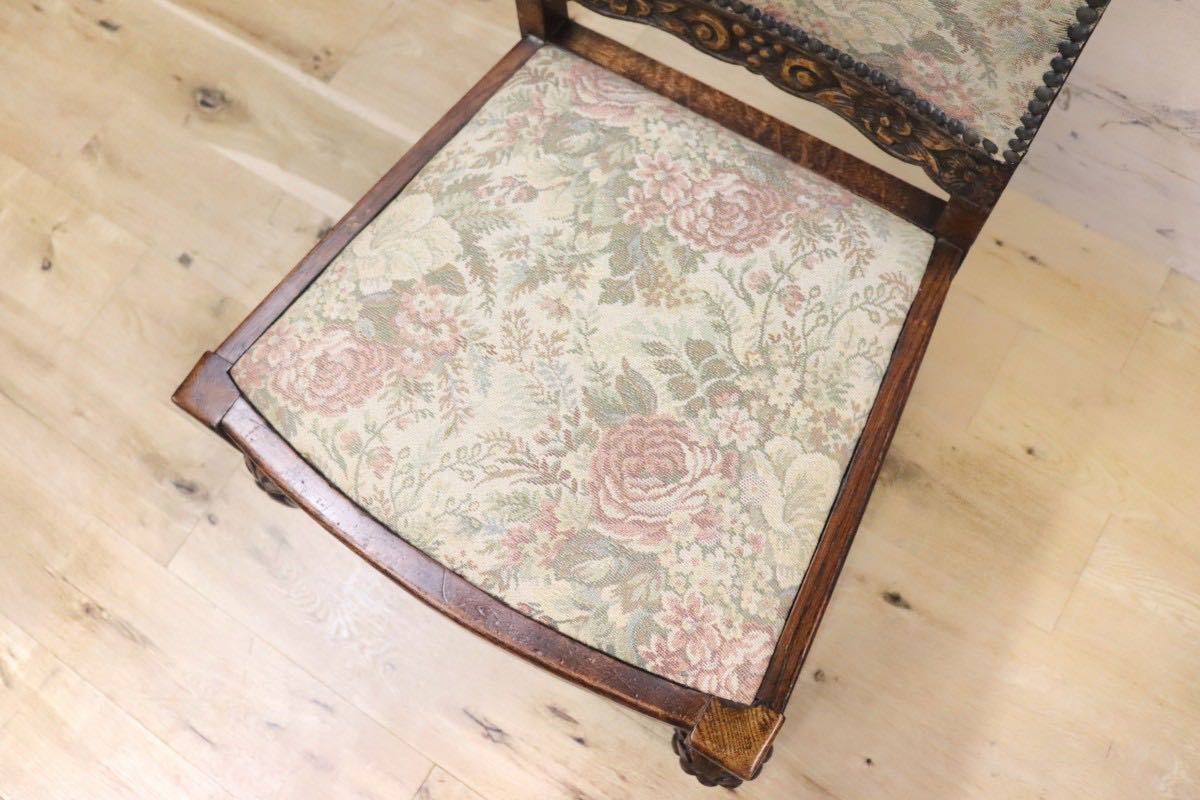 GMGK47○西洋 イギリス アンティーク ダイニングチェア 椅子 ファブリック 木製 彫刻 花柄 サイドチェア