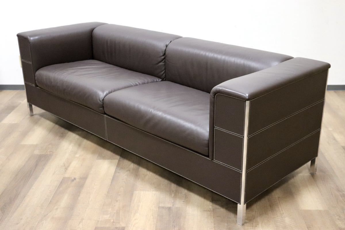 GMGH195○Poltrona Frau / ポルトローナ フラウ Talus タルス 3人掛けソファ トリプルソファ 本革 ブラウン IDC大塚家具 定価約130万 美品