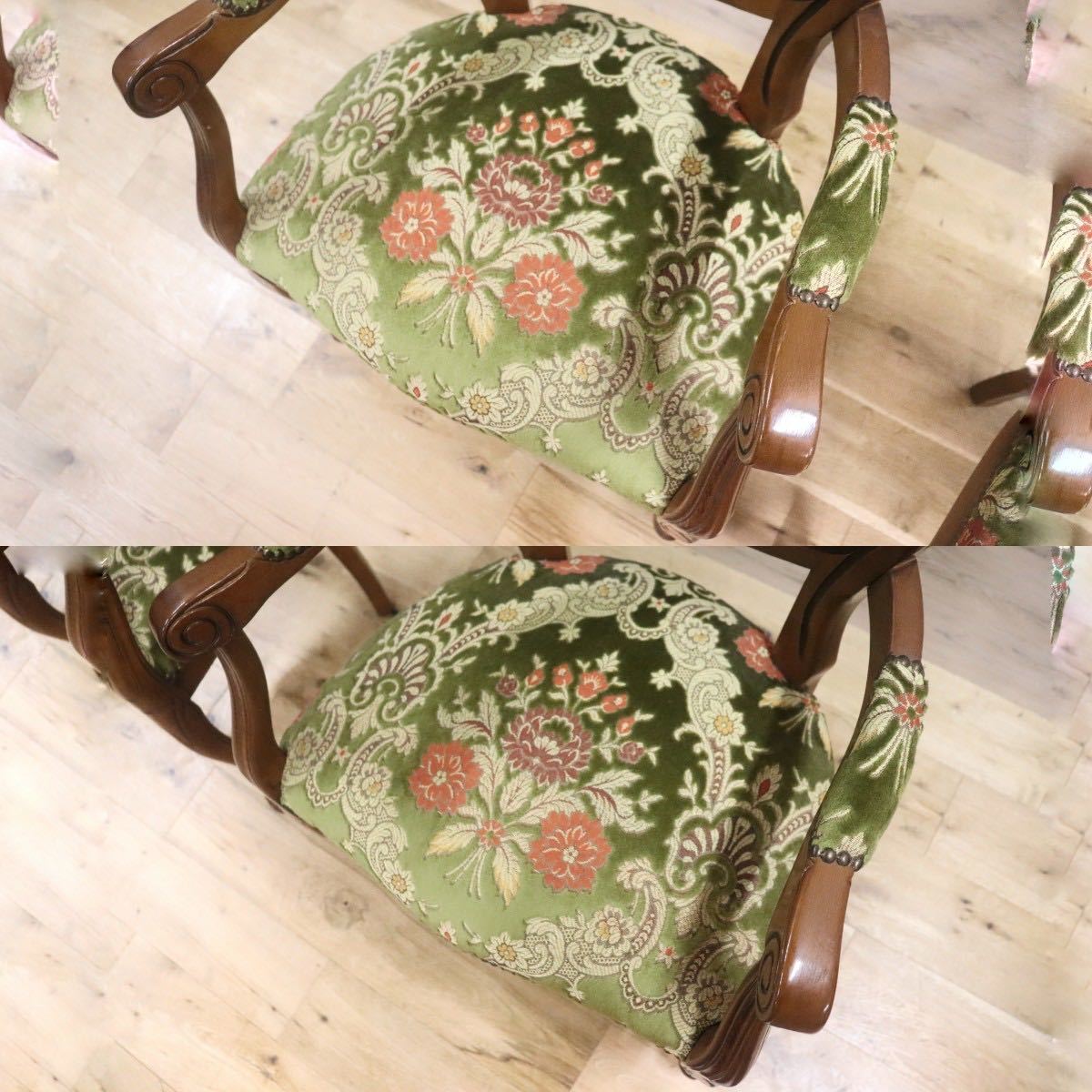 GMGH229○イタリア製 金華山織 ダイニングチェア アームチェア 椅子 クラシック エレガント 彫刻 猫脚 ファブリック グリーン 2脚セッ