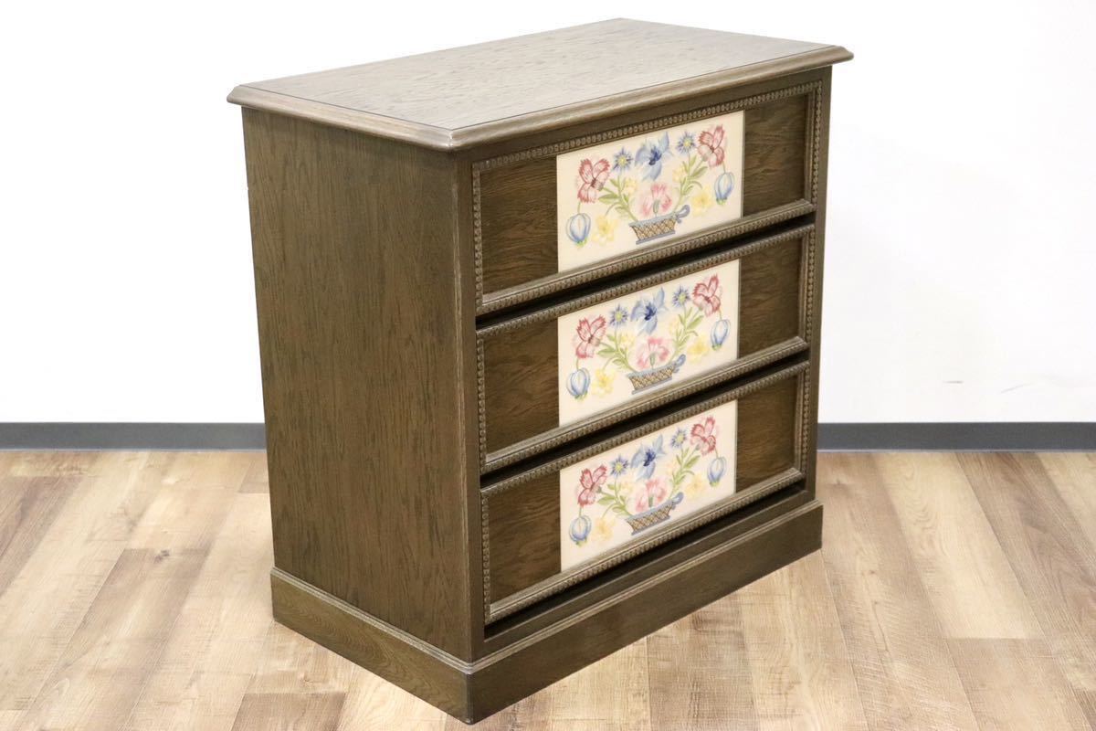 GMGK183A○神戸家具 洋家具 伊藤家具 3段チェスト 整理タンス 彫刻 オーク材 クラシカル 花柄 和製ヴィンテージ アンティーク 検)永田良介