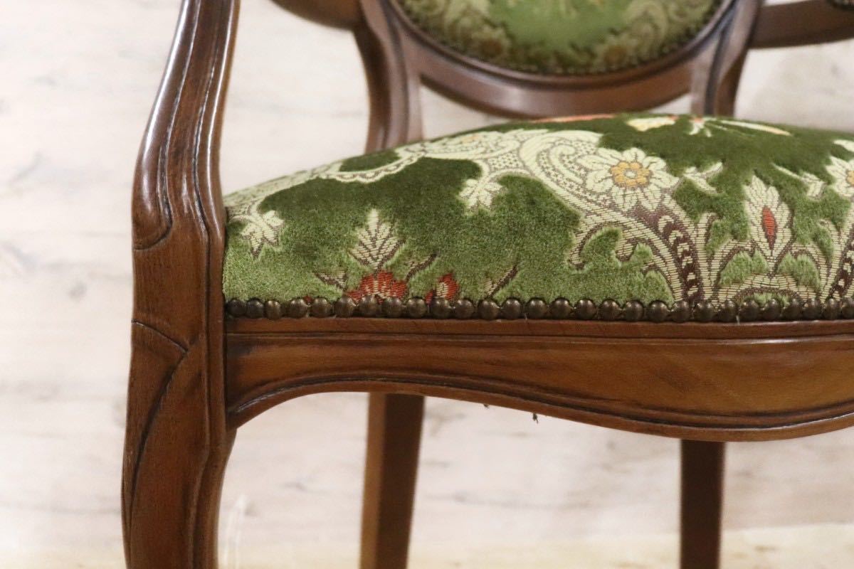 GMGH229○イタリア製 金華山織 ダイニングチェア アームチェア 椅子 クラシック エレガント 彫刻 猫脚 ファブリック グリーン 2脚セッ