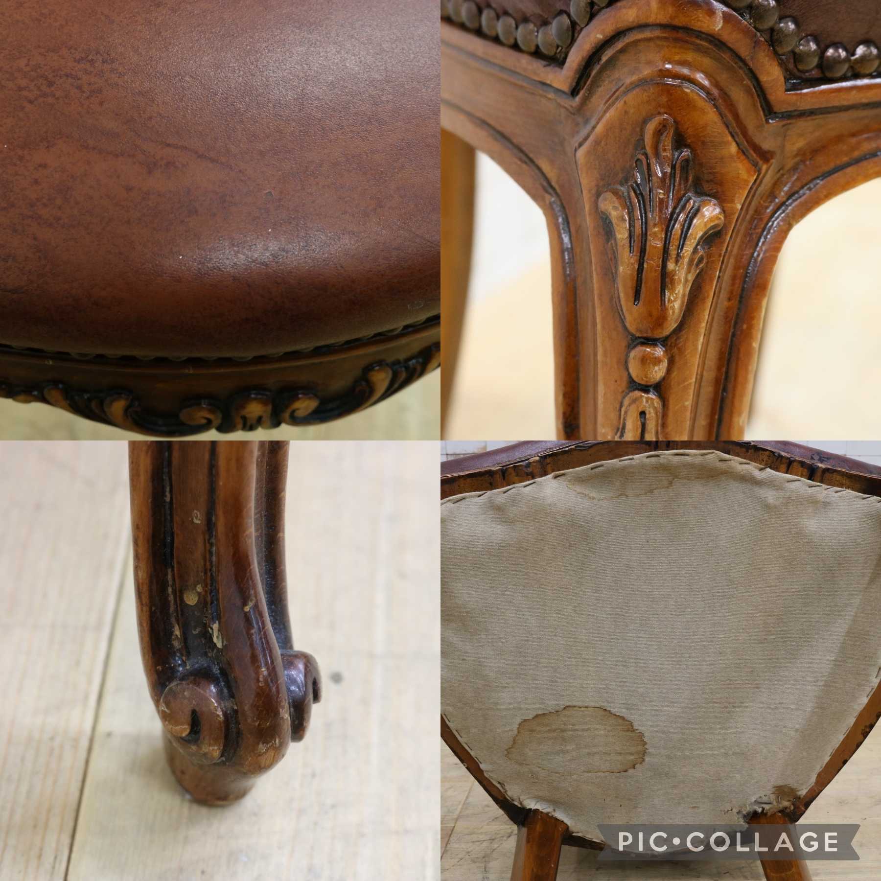 GMHH470C○イタリア製 ロココ調 ダイニングチェア 食卓椅子 レザー 鋲打ち 彫刻 アンティーク エレガント ヨーロピアン クラシック 猫脚