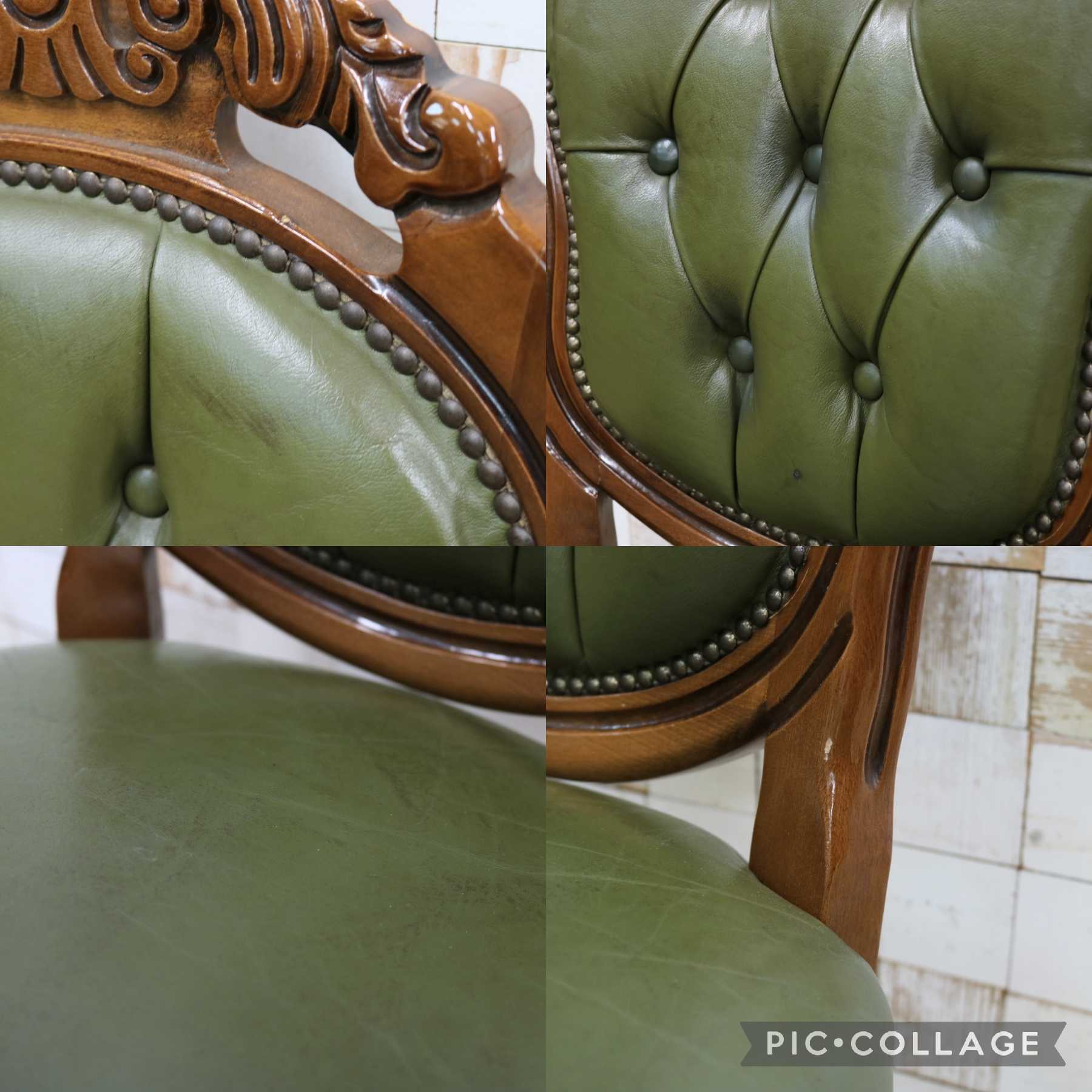 GMIK882A○イタリア ダイニングチェア 食卓椅子 アームレスチェア レザー 鋲打ち 彫刻 猫脚 アンティーク エレガント ヨーロピアン ロココ