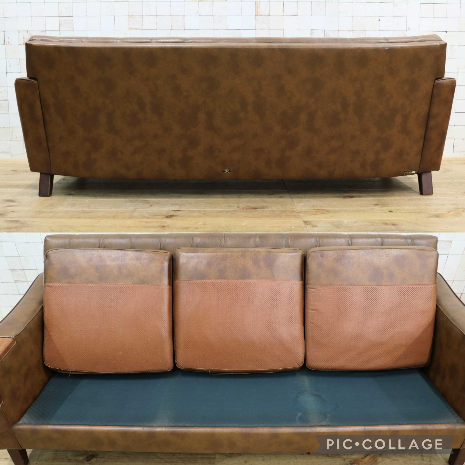 GMJH205C◯冨士ファニチア / FUJI FURNITUR 3人掛けソファ トリプルソファ レザー 応接室 昭和レトロ ヴィンテージ