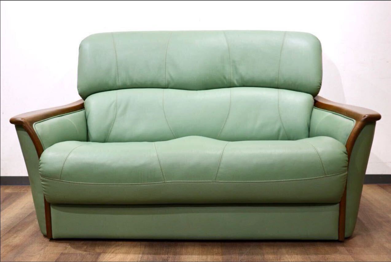 GMHH315○浜本工芸 / HAMAMOTO 2人掛けソファ ラブソファ 長椅子 本革 グリーン 楢材 和モダン 国産家具