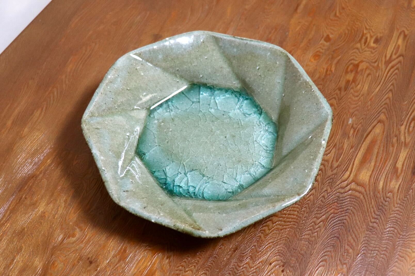 GMIO504G◯丹山窯 丹波焼 八角皿 緑 陶器 丹波篠山 伝統工芸 未使用
