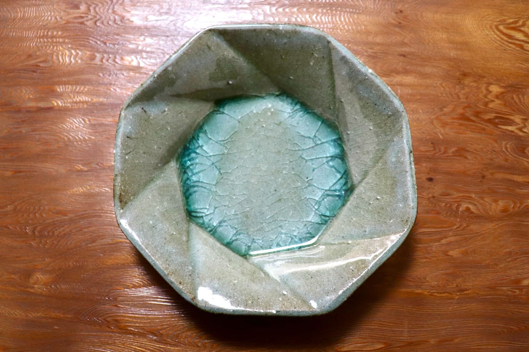 GMIO504G◯丹山窯 丹波焼 八角皿 緑 陶器 丹波篠山 伝統工芸 未使用