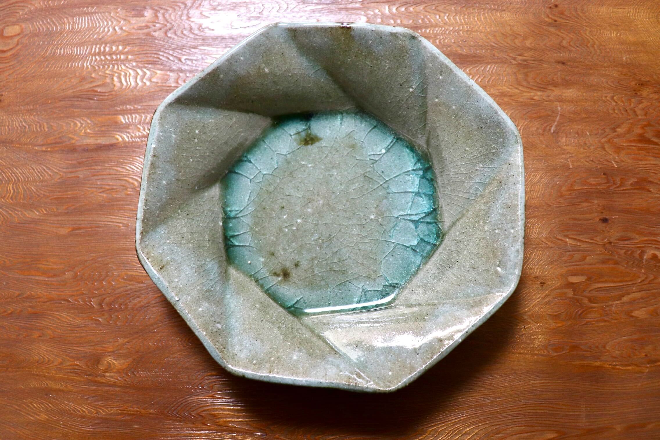 GMIO504H◯丹山窯 丹波焼 八角皿 緑 陶器 丹波篠山 伝統工芸 未使用