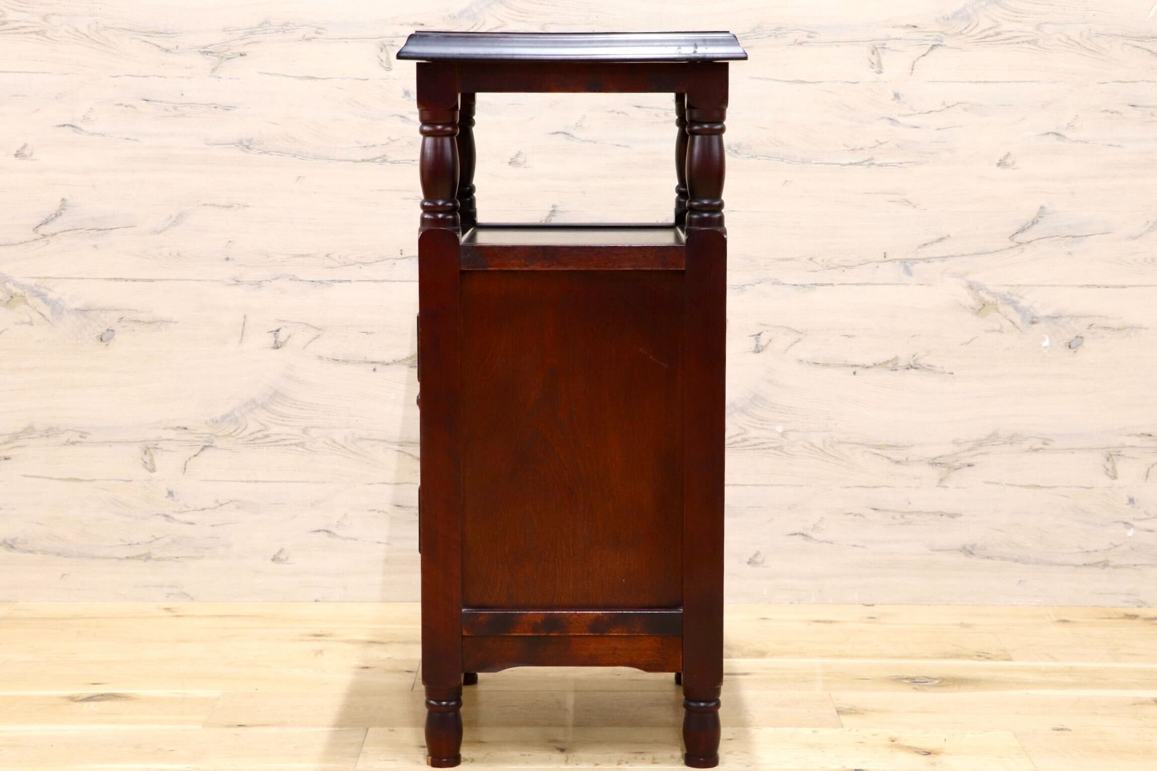 GMIK956○民芸家具 電話台 FAX台 花台 サイドチェスト 木製 天然木 アンティーク調 レトロ 飾り台 棚 収納