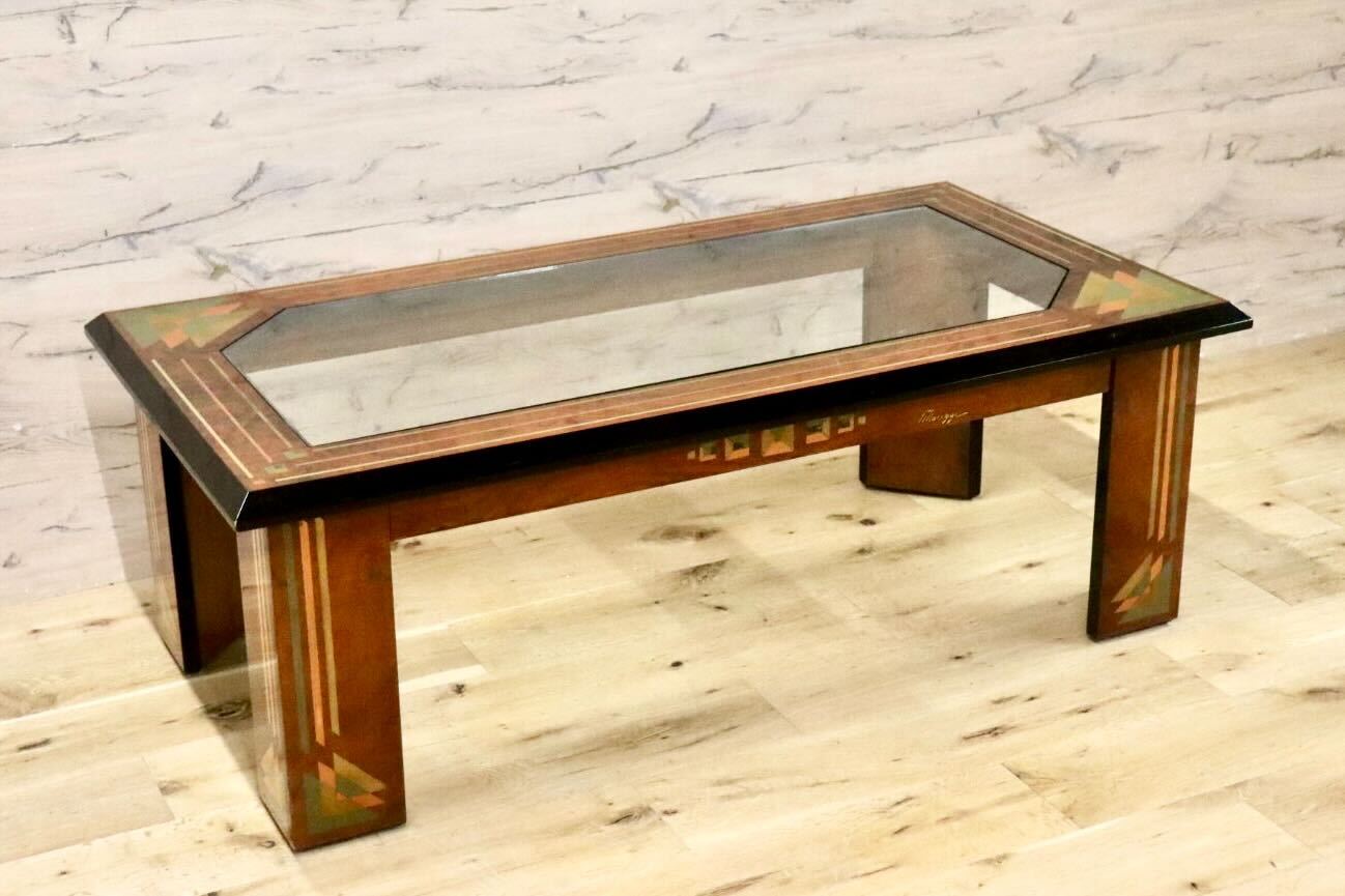 GMIH343○センターテーブル 象嵌細工 ガラス天板 リビングテーブル ローテーブル 応接机 レトロ モダン アンティーク 検)モリシゲ