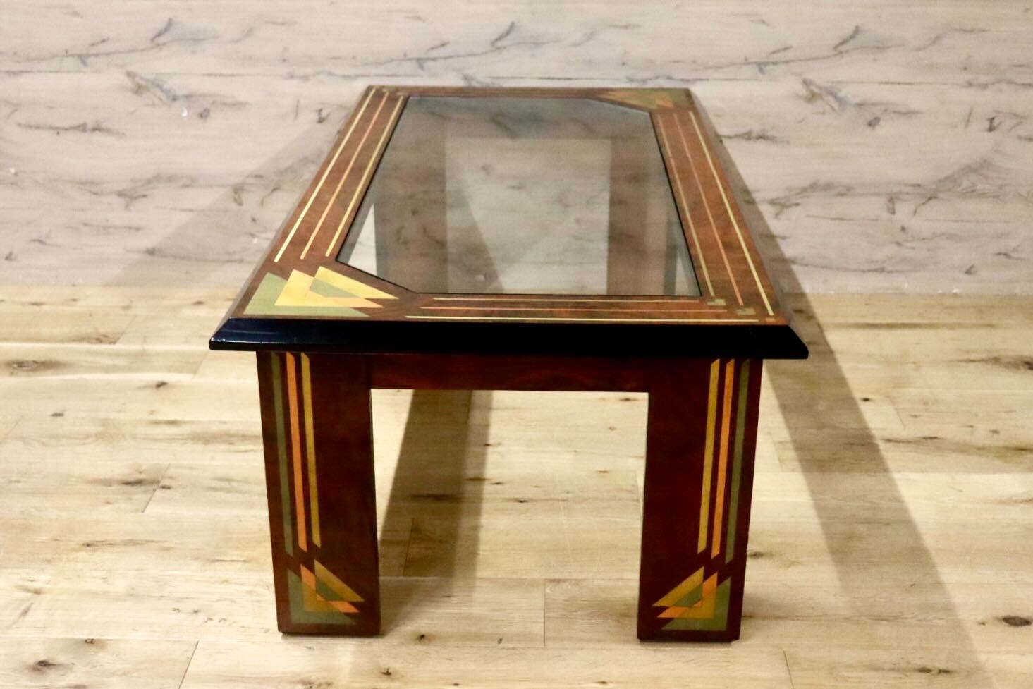 GMIH343○センターテーブル 象嵌細工 ガラス天板 リビングテーブル ローテーブル 応接机 レトロ モダン アンティーク 検)モリシゲ