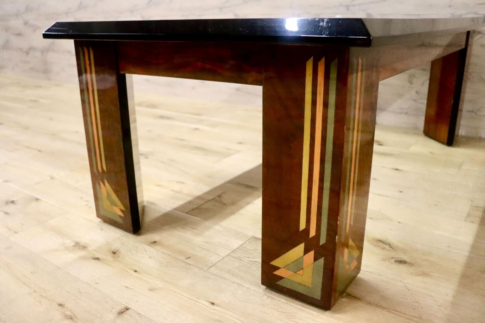 GMIH343○センターテーブル 象嵌細工 ガラス天板 リビングテーブル ローテーブル 応接机 レトロ モダン アンティーク 検)モリシゲ