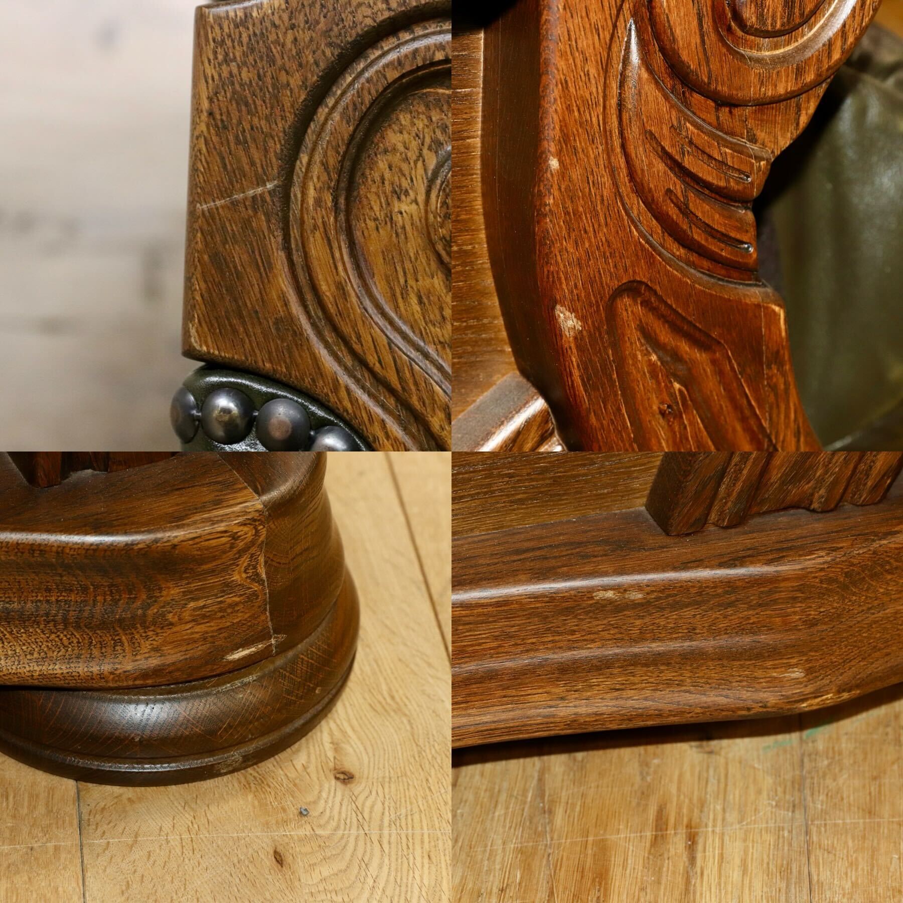 GMGH116○オランダ製 ダッチカントリー 1人掛けソファ シングルソファ オーク材 本革 緑 椅子 クラシック ヴィンテージ 約30万