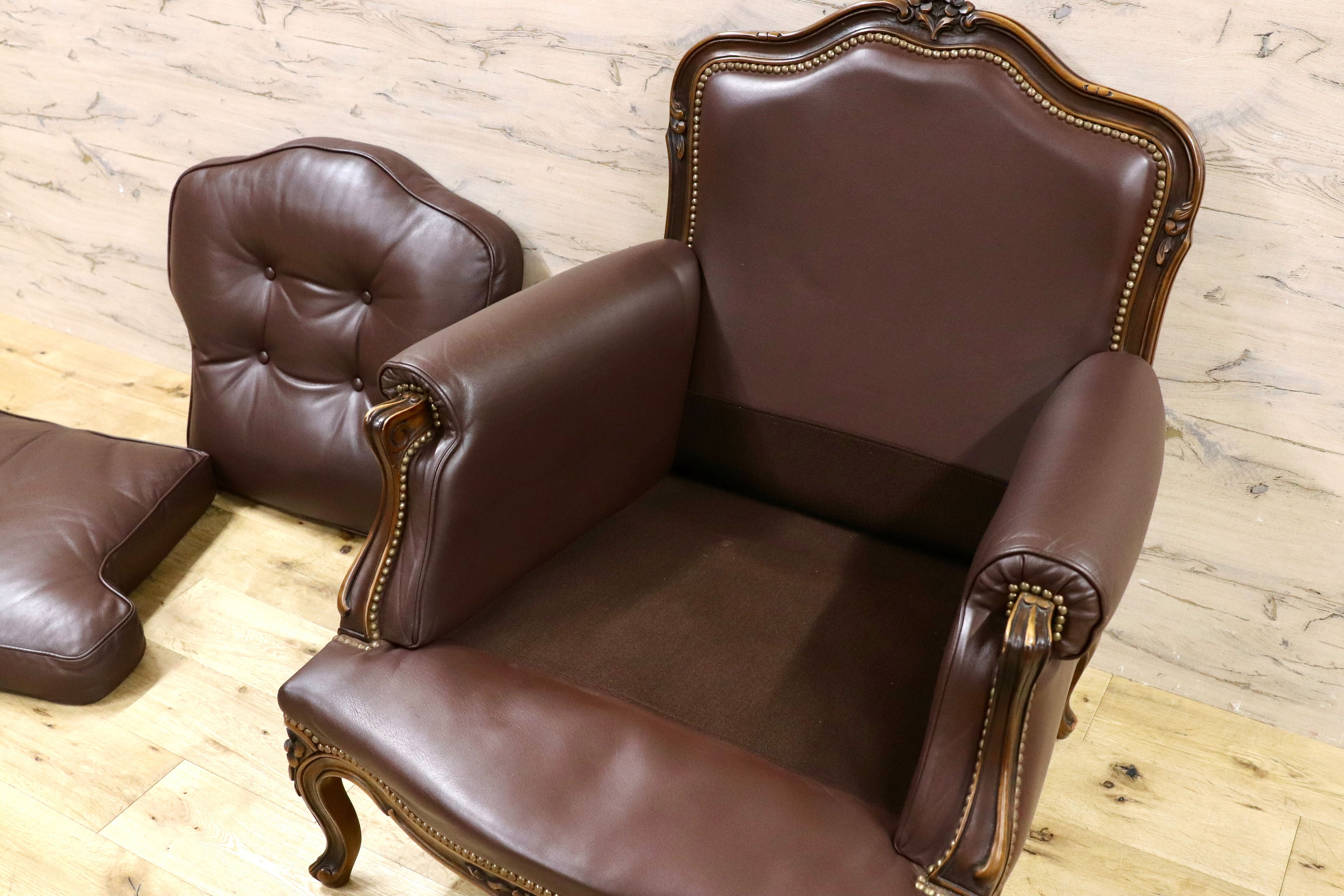 GMHH381B○domani / ドマーニ ルイXV カリモク最高峰 1人掛けソファ シングルソファ 本革 レザー ブラウン クラシック 稀少